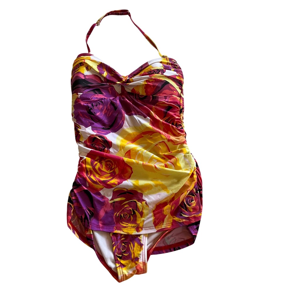 Jantzen One Piece Swimsuit Womens M Multicolor Floral Halter Ruched Retro